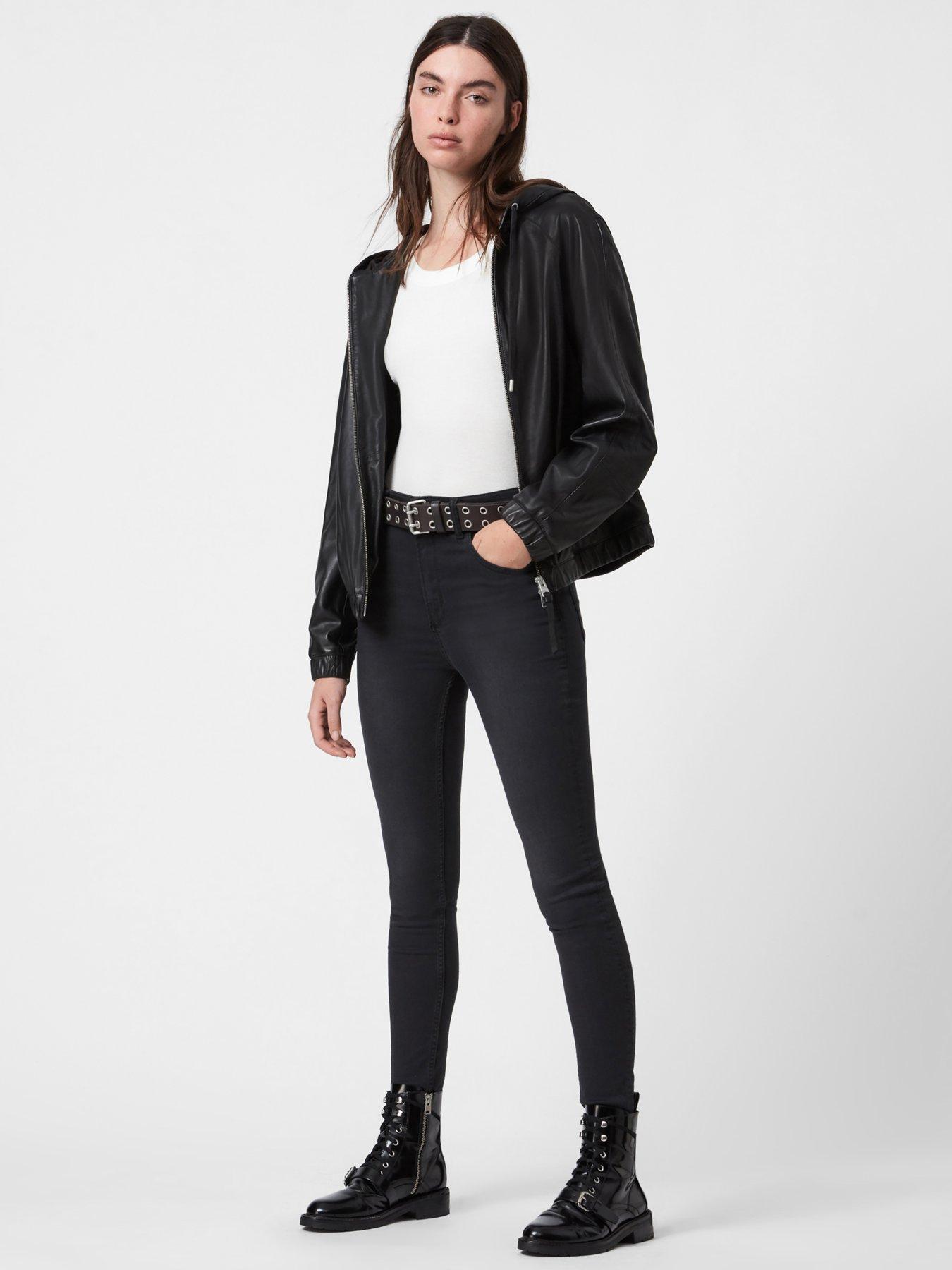 Women Penton Leather Hooded Bomber Jacket - Black