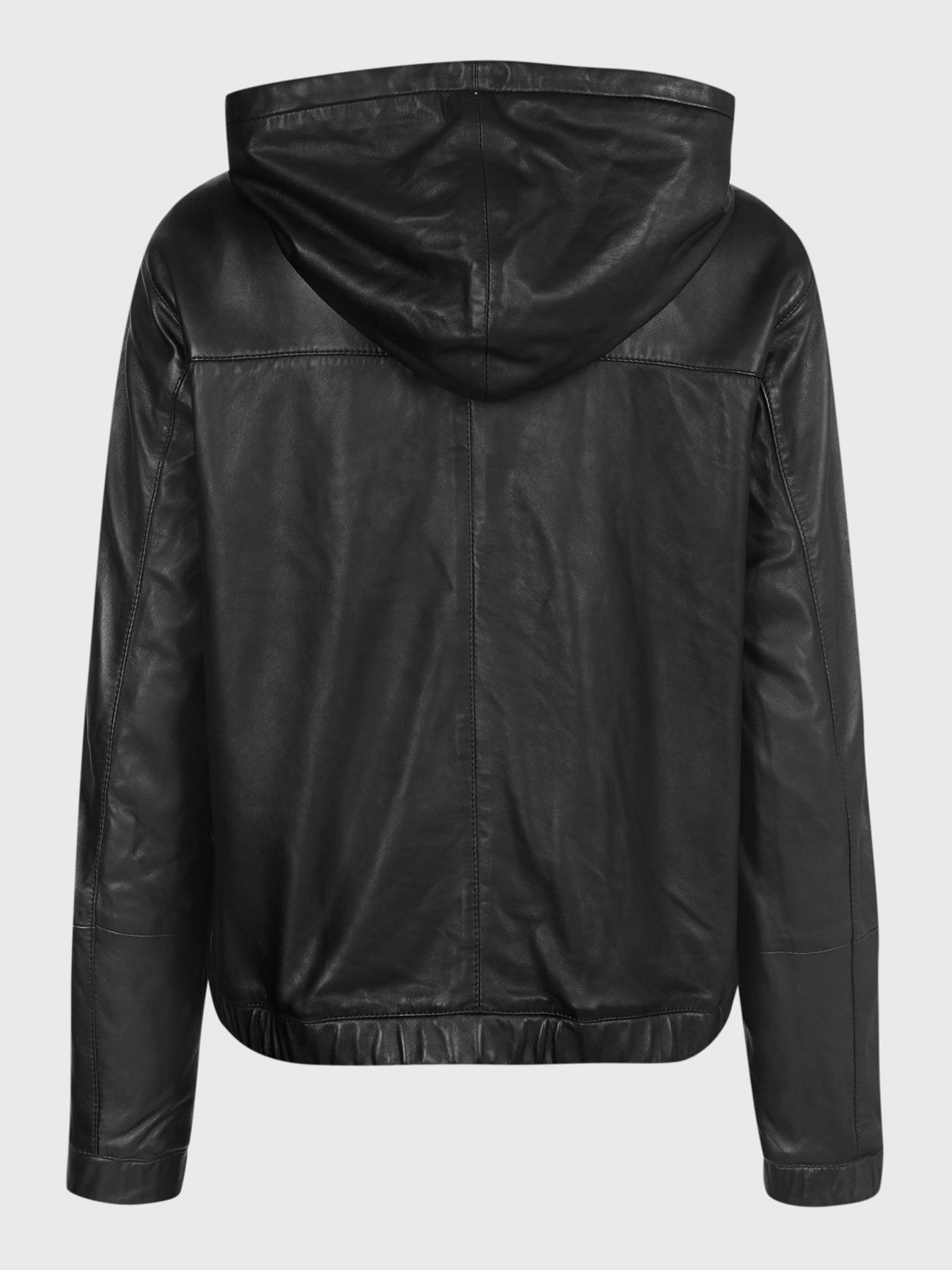 Women Penton Leather Hooded Bomber Jacket - Black