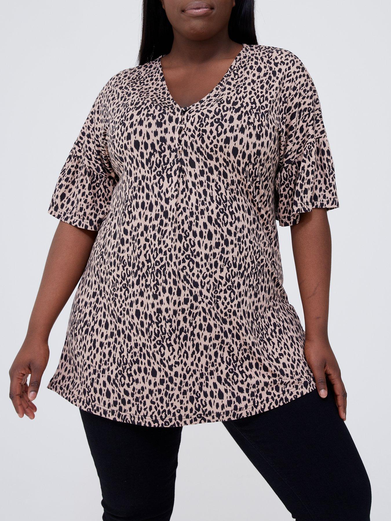 Women Fluted Sleeve Button Up Jersey Top - Animal Print