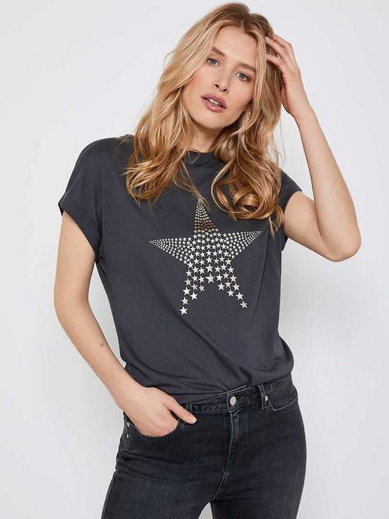 front image of mint-velvet-grey-textured-star-t-shirt