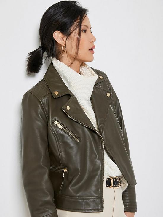 front image of mint-velvet-leather-biker-jacket-khaki