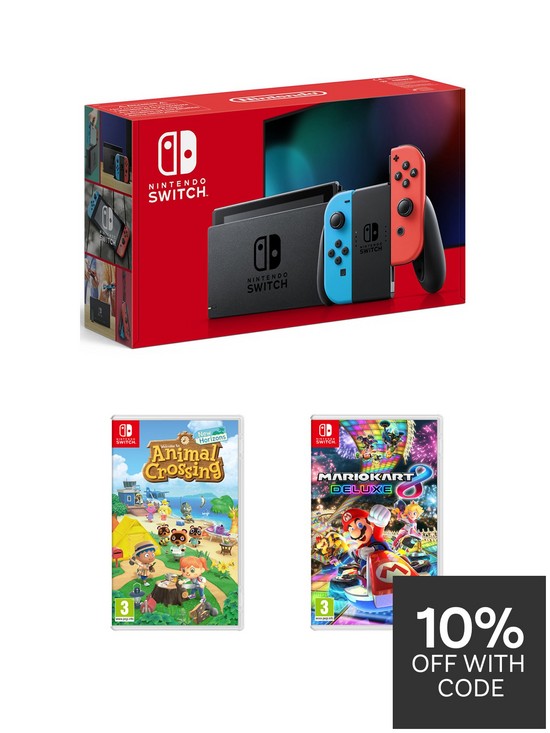 front image of nintendo-switch-neon-console-with-animal-crossing-new-horizon-amp-mario-kart-8-deluxe