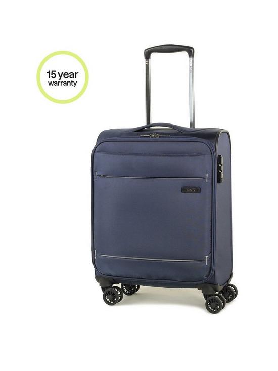 front image of rock-luggage-deluxe-lite-carry-on-8-wheel-suitcase-navy