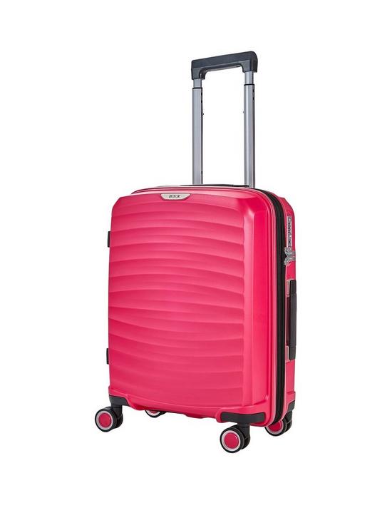front image of rock-luggage-sunwave-carry-on-8-wheel-suitcase-pink