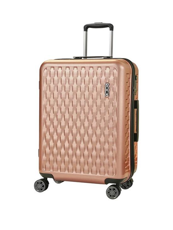 front image of rock-luggage-allure-medium-8-wheel-suitcase-rose-pink