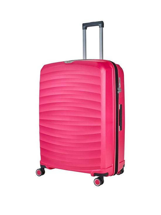 front image of rock-luggage-sunwave-large-8-wheel-suitcase-pink