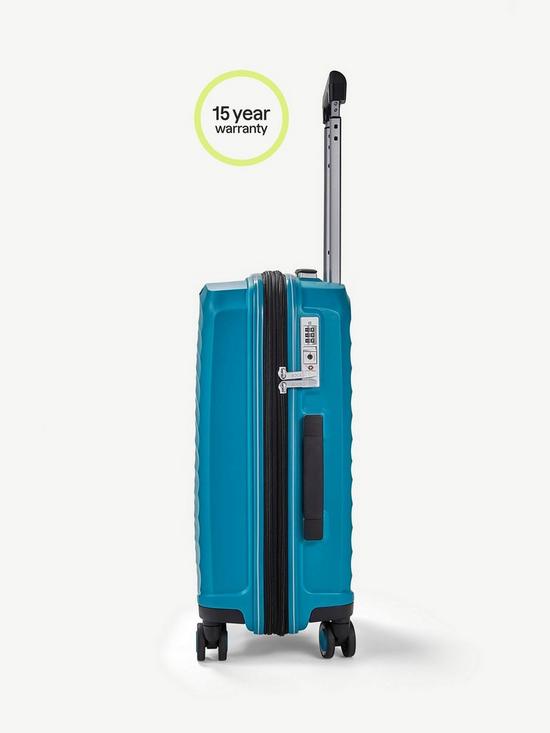 back image of rock-luggage-sunwave-carry-on-8-wheel-suitcase-blue