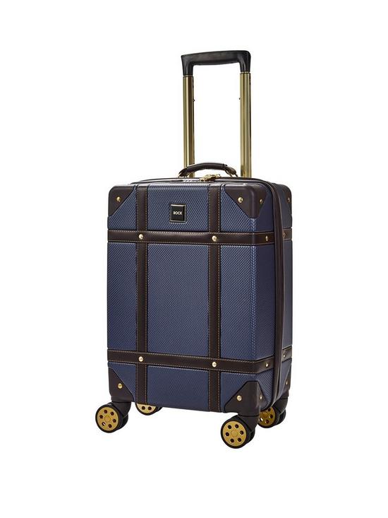 front image of rock-luggage-vintage-carry-on-8-wheel-suitcase-navy
