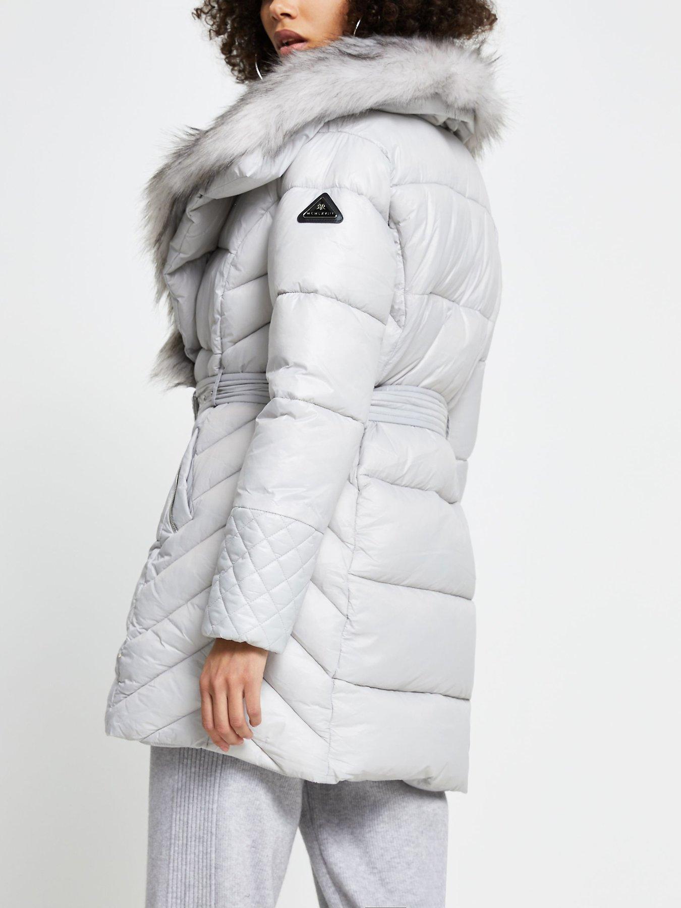 river island grey coat fur collar