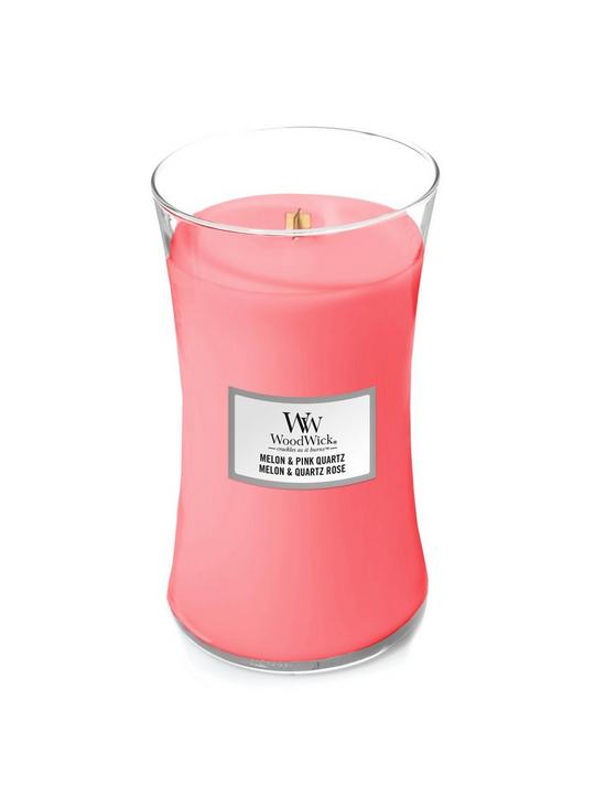 stillFront image of woodwick-large-hourglass-scented-candle-melon-pink-quartz-with-crackling-wick