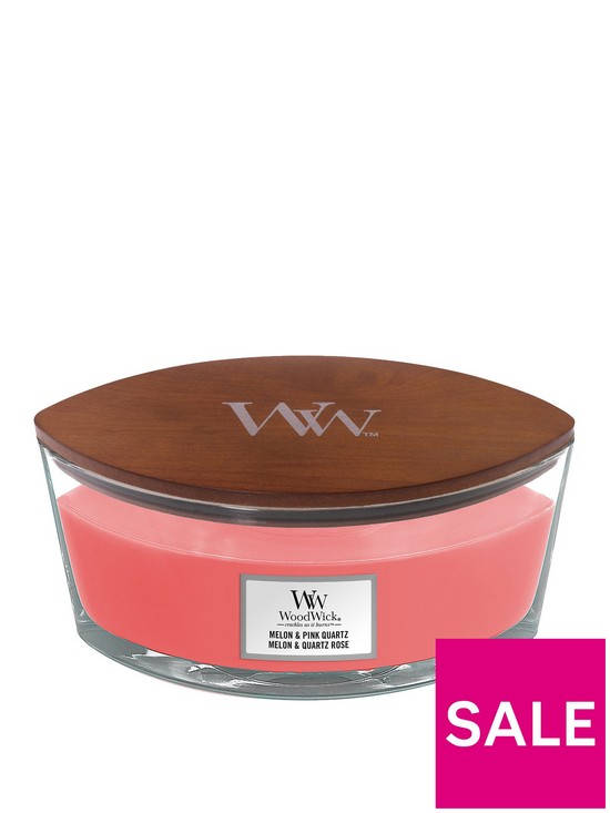 front image of woodwick-ellipse-scented-candle-melon-pink-quartz-with-crackling-wick