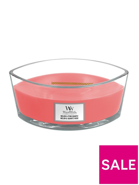stillFront image of woodwick-ellipse-scented-candle-melon-pink-quartz-with-crackling-wick