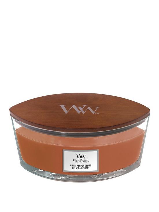 front image of woodwick-ellipse-scented-candle-chilli-pepper-gelato-with-crackling-wick