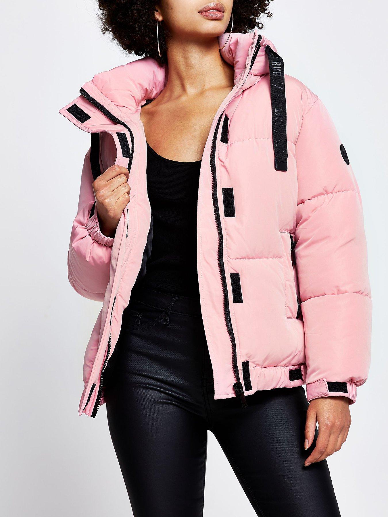 river island short padded jacket in pink velvet