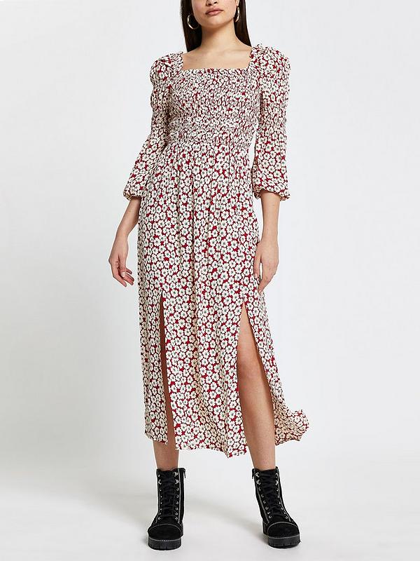 River Island Shirred Floral Dress - Red ...