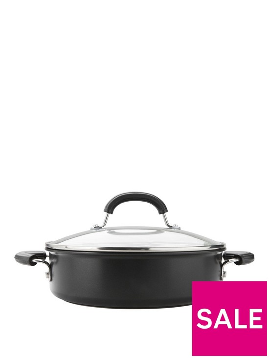 front image of circulon-total-hard-anodised-induction-28cm-5-litre-sauteuse-pan-with-glass-lid
