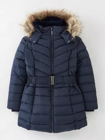 Girls Coats Jackets Very Co Uk, Navy Blue Coat With Fur Hood And Belt
