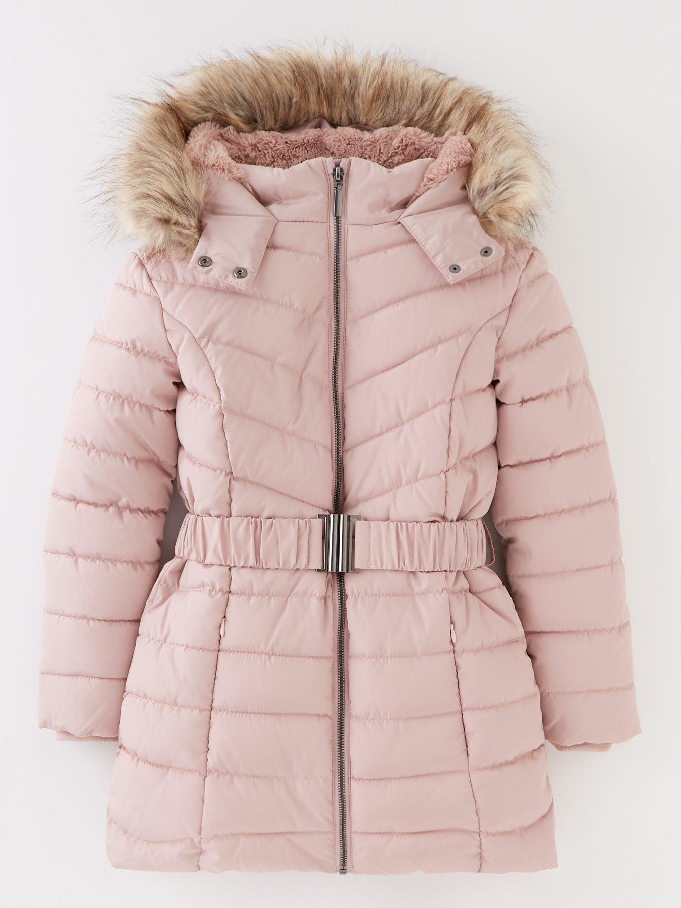 pink winter coat with fur hood