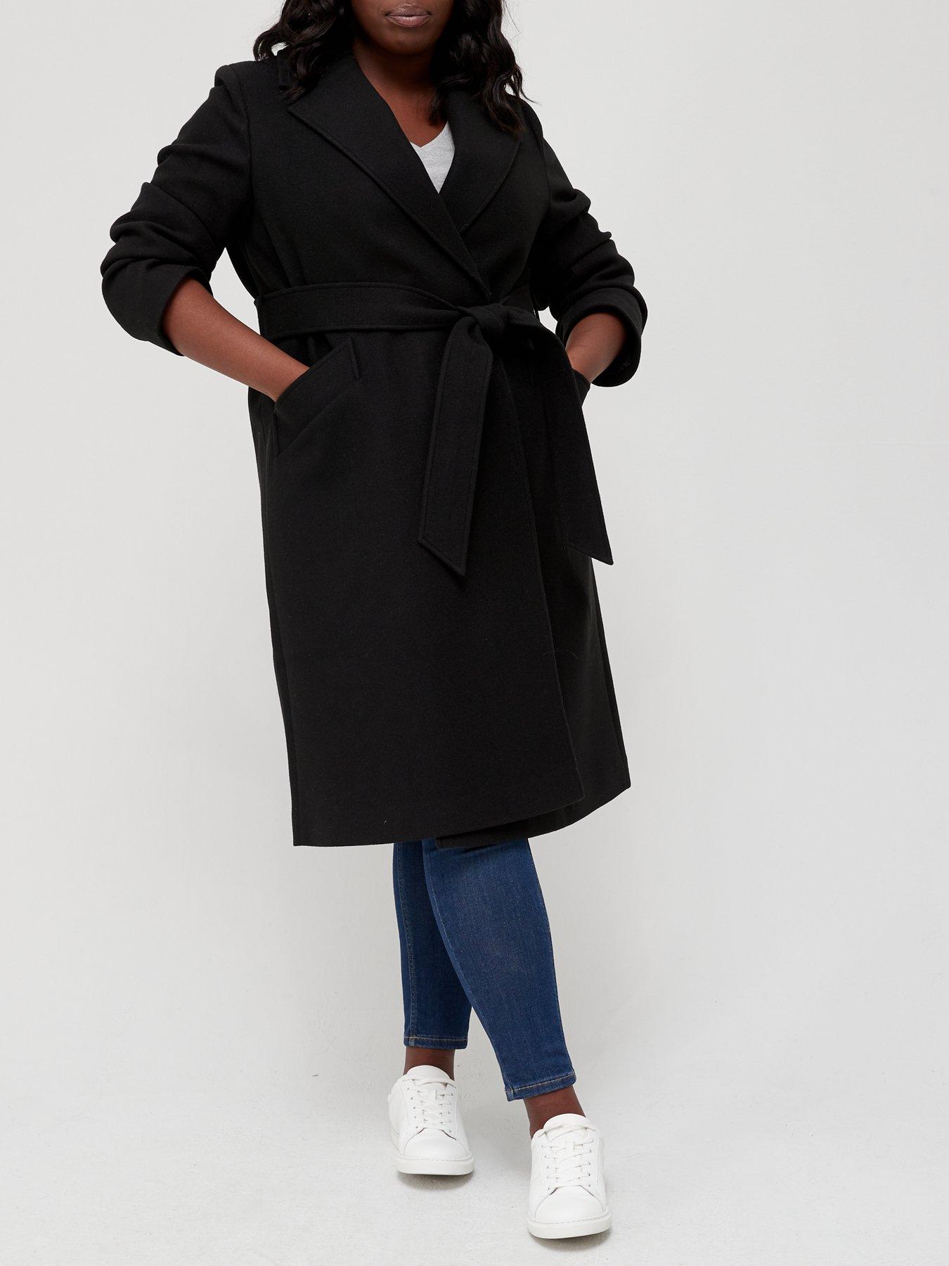 Women Belted Wrap Coat - Black