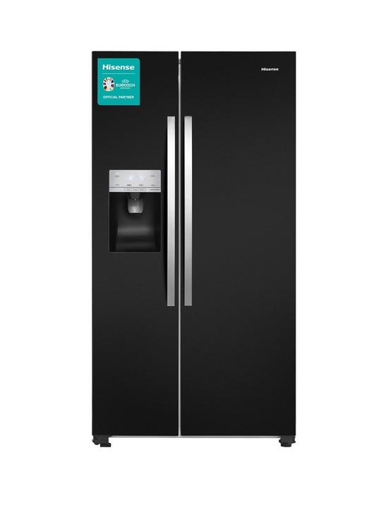 front image of hisense-rs694n4ibf-91cm-wide-total-no-frost-american-style-fridge-freezer-black-look