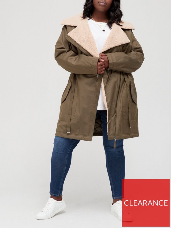 front image of v-by-very-curve-waterfall-fleeced-collar-parka-khaki