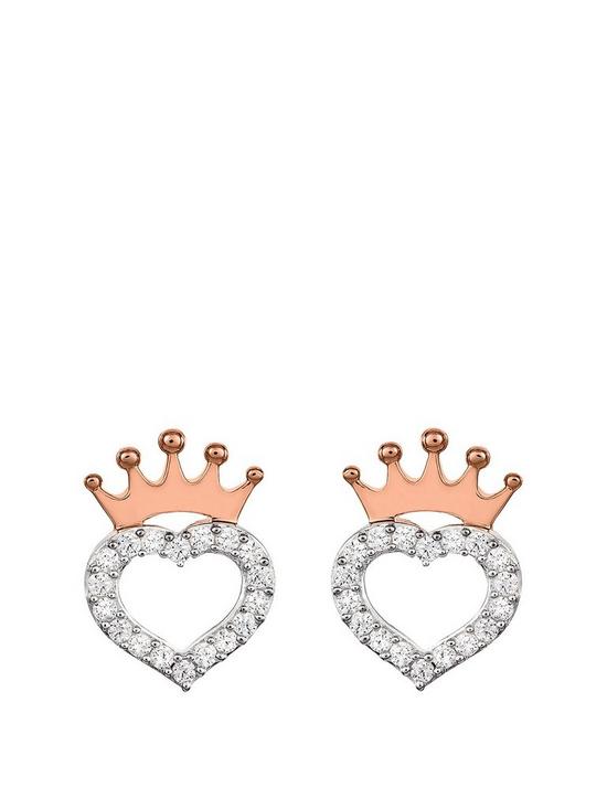 front image of disney-princess-sterling-silver-crystal-heart-and-rose-gold-crown-earrings