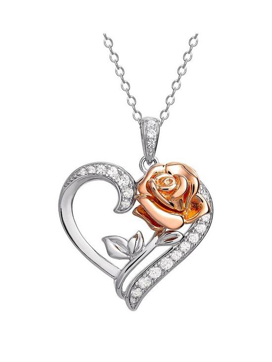 front image of disney-beauty-and-the-beast-sterling-silver-crystal-heart-and-rose-gold-rose-necklace