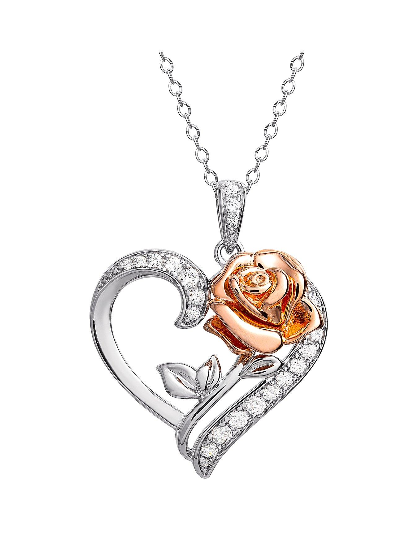 Disney Beauty and The Beast Sterling Silver Crystal Heart and Rose Gold Rose Necklace