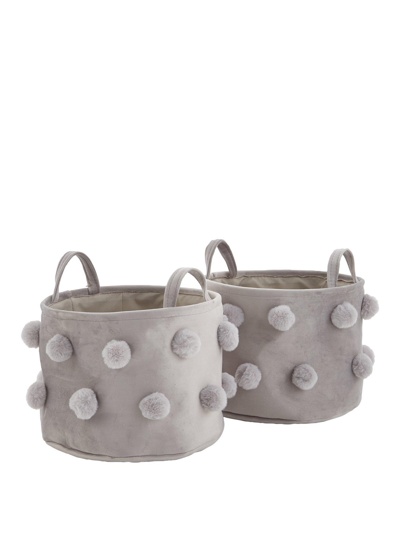 undefined Set of 2 Velvet and Pompom Storage Baskets