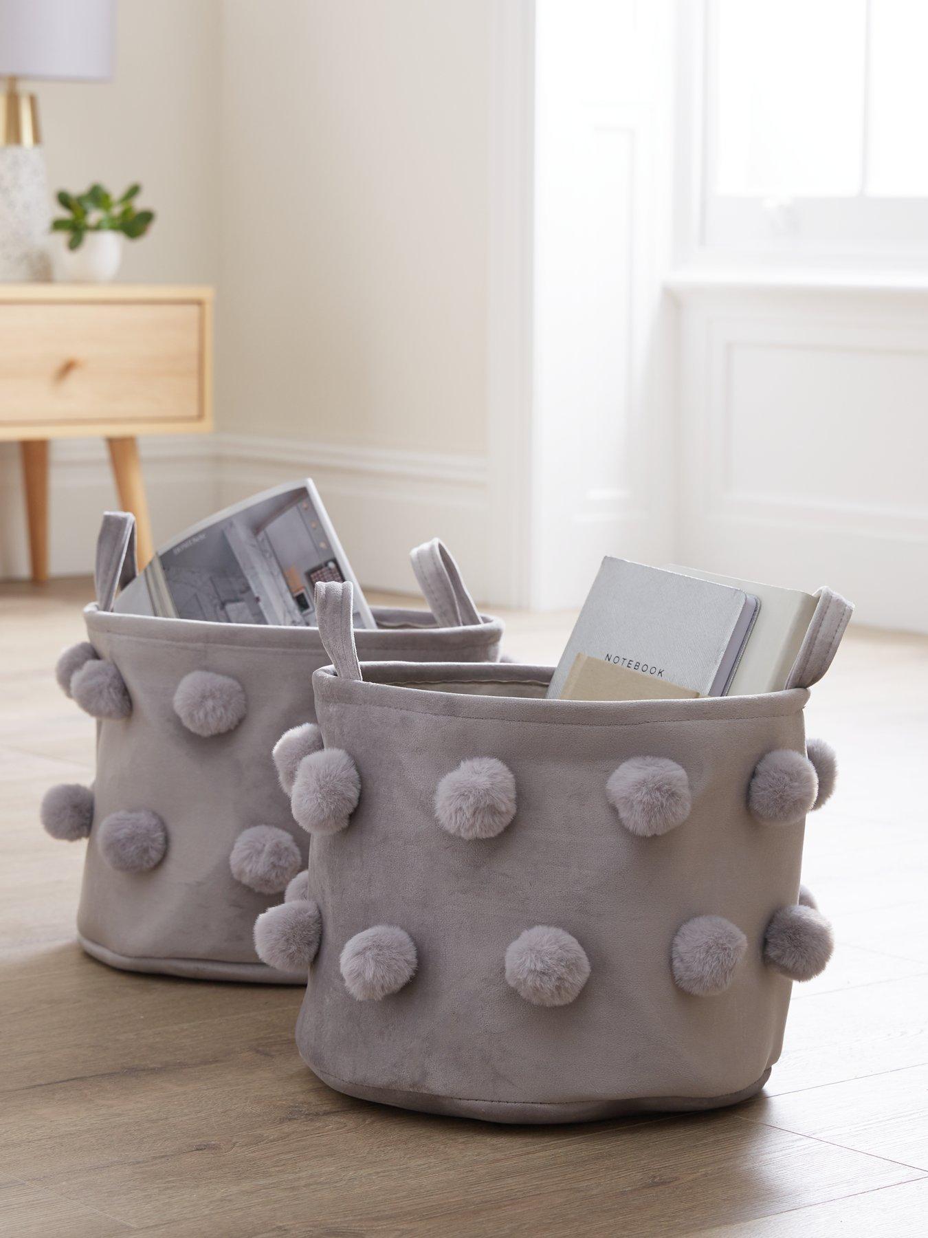 Very Home Set of 2 Velvet and Pompom Storage Baskets very.co.uk