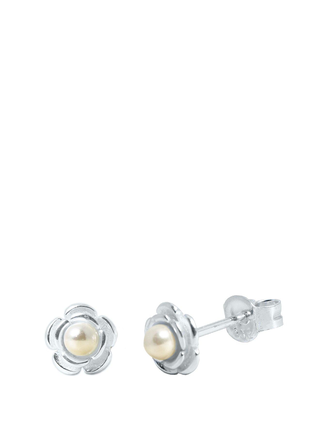 Product photograph of The Love Silver Collection Sim Pearl Flower Studs from very.co.uk