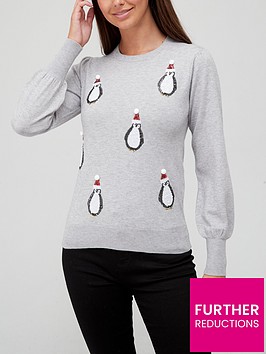 v-by-very-knitted-christmas-sequin-penguin-pom-jumper-grey-marl