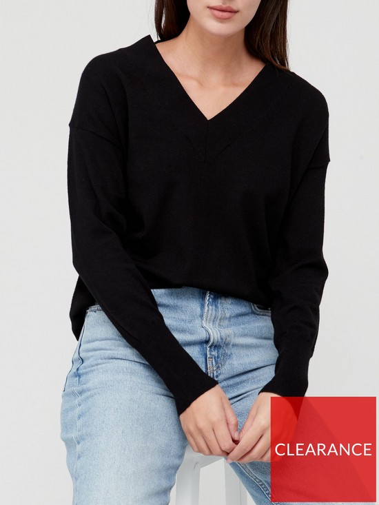 front image of v-by-very-knitted-longline-v-neck-jumper-black