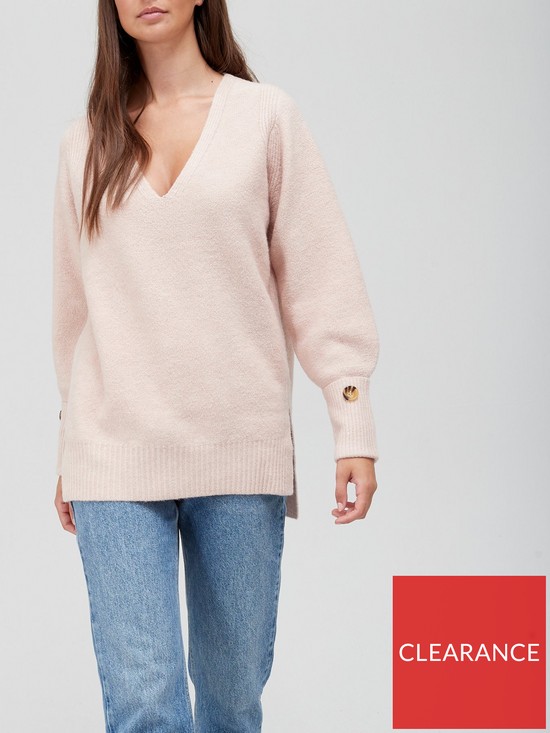 front image of v-by-very-knitted-v-neck-button-cuff-step-hem-jumper-dusky-pink
