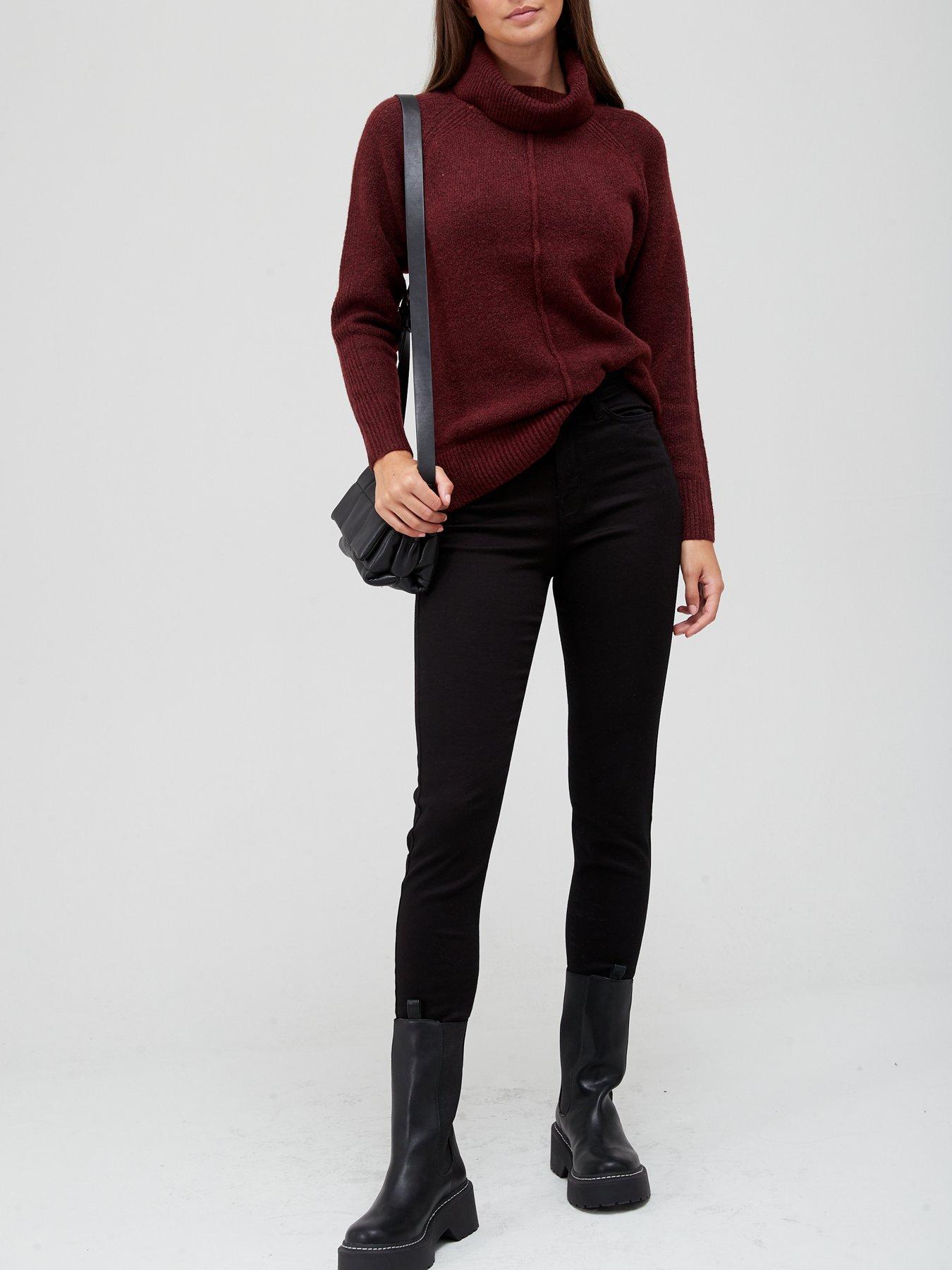  Knitted Roll Neck Front Seam Jumper - Wine
