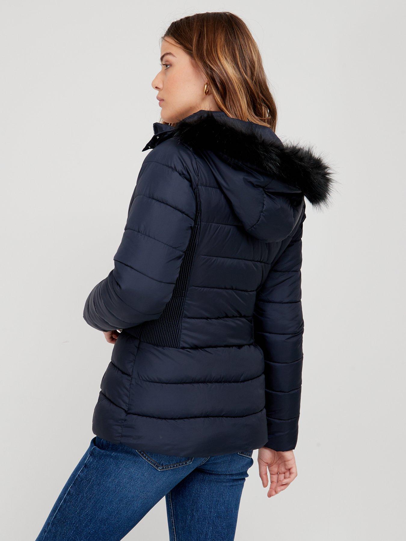 V by Very Short Padded Jacket With Faux Fur Navy very.co.uk