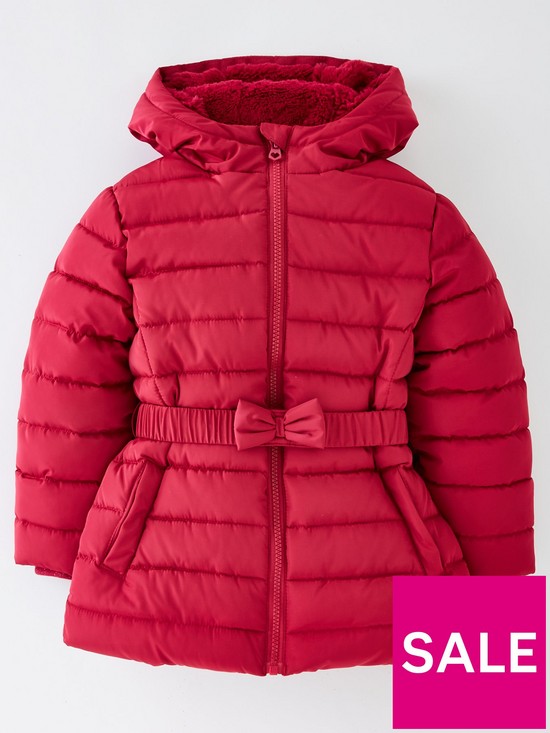 front image of mini-v-by-very-girls-belted-bow-half-faux-fur-lined-coat-pink
