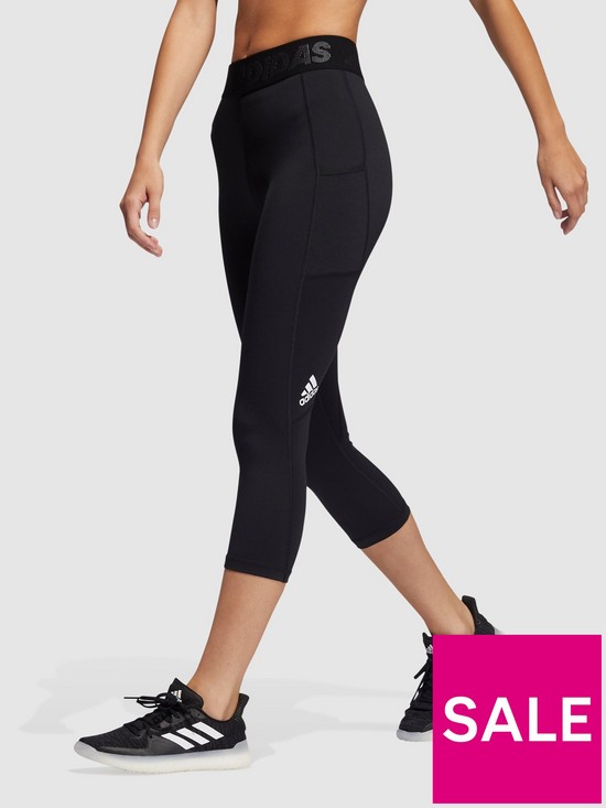 front image of adidas-tech-fit-34-3-bar-leggings-blackwhite