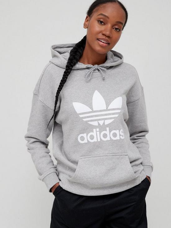 front image of adidas-originals-trefoil-hoodie-medium-grey-heather