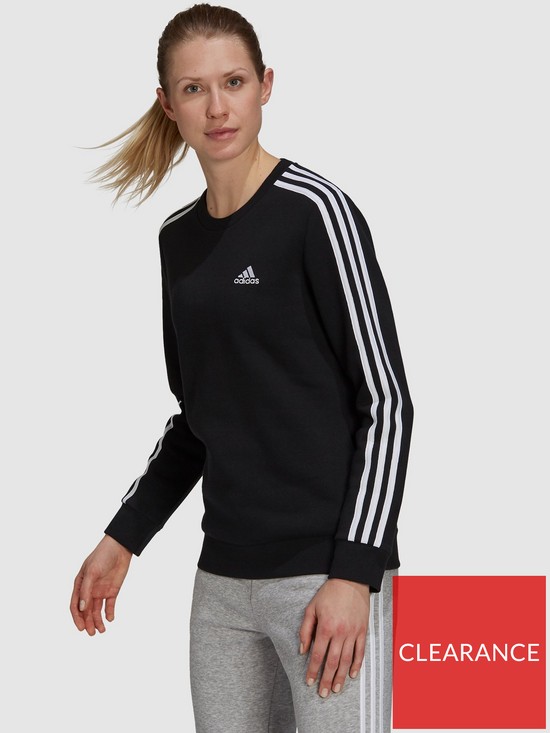 front image of adidas-essentials-3-stripes-fleece-sweat-top-blackwhite