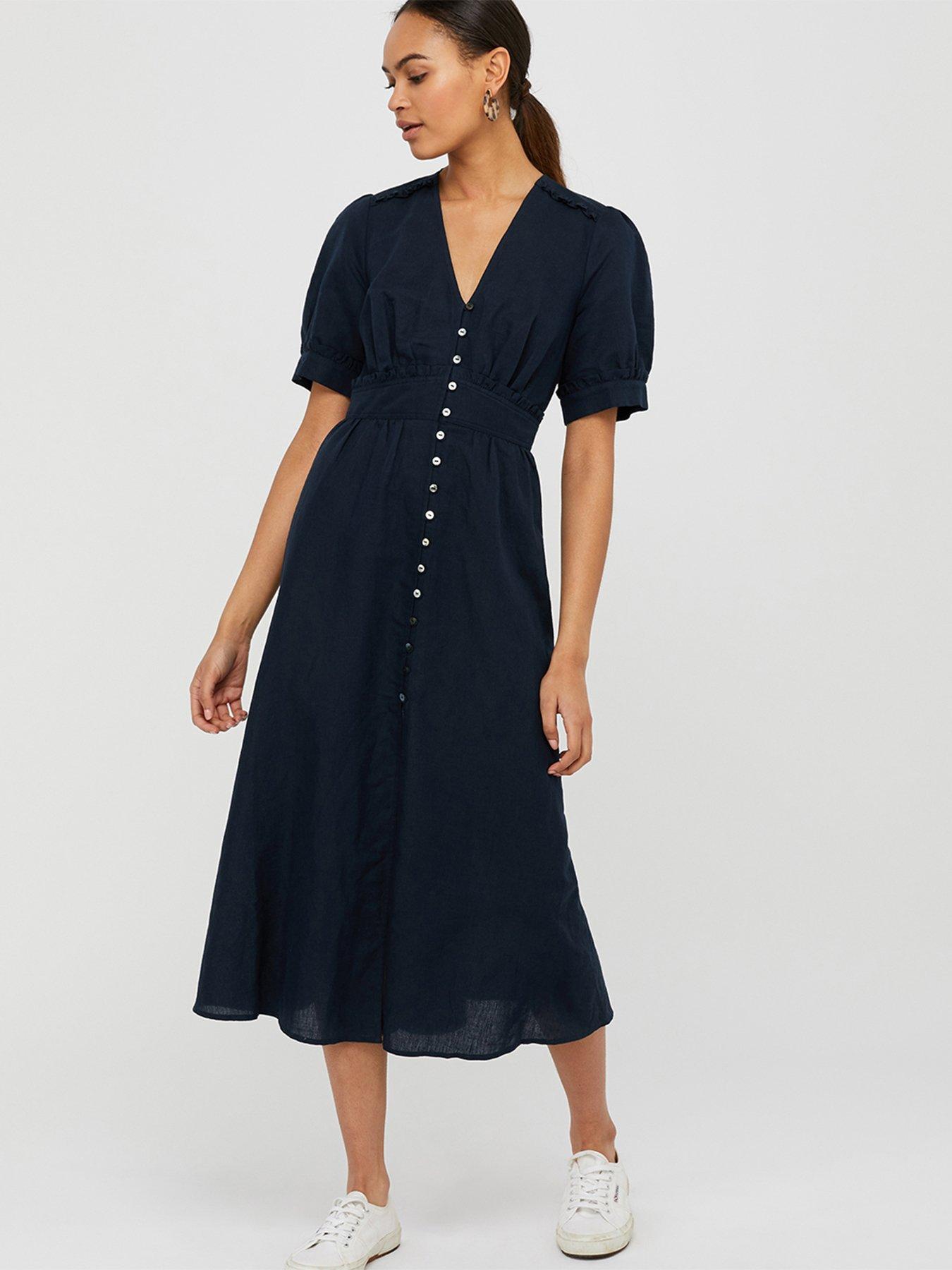 Monsoon Organic Cotton Linen Dress - Navy | very.co.uk