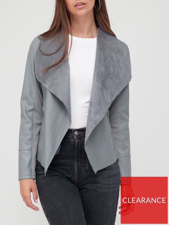 front image of v-by-very-faux-leather-waterfall-jacket-grey