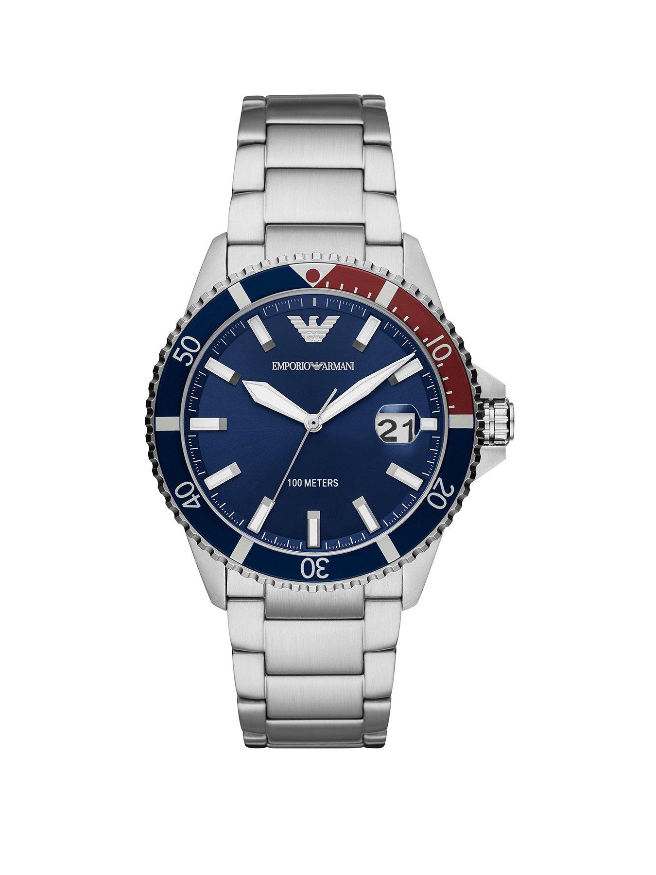 Men Emporio Armani Blue Dial Stainless Steel Bracelet Watch