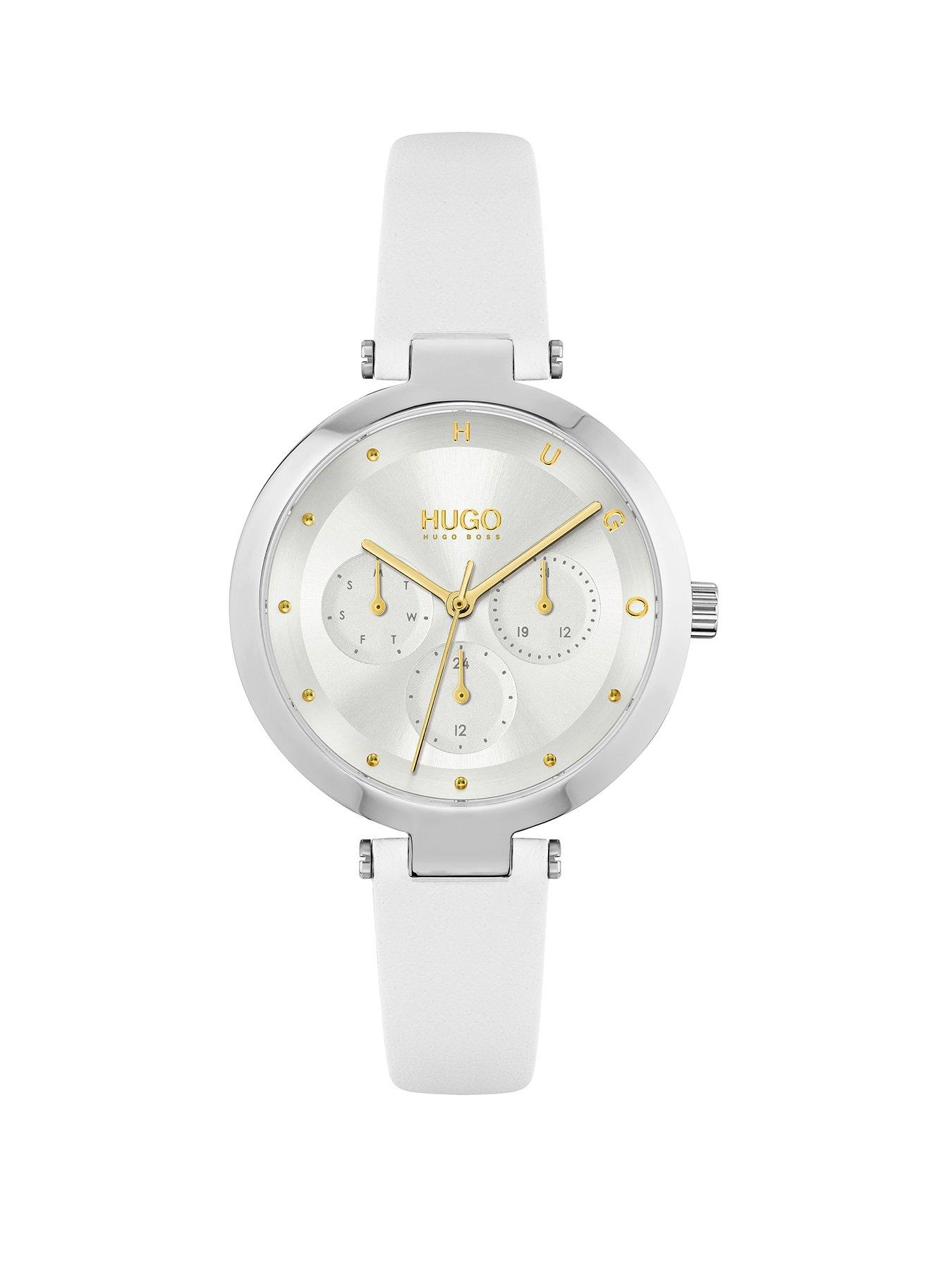 Women HUGO #HOPE MULTI Silver White Dial and White Leather Strap Ladies Watch
