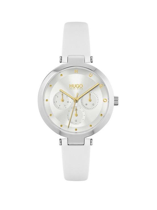 front image of hugo-hope-multi-silver-white-dial-and-white-leather-strap-ladies-watch