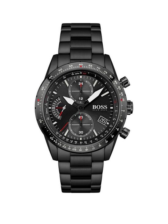 front image of boss-pilot-edition-chrono-black-dial-black-bracelet-gents-watch