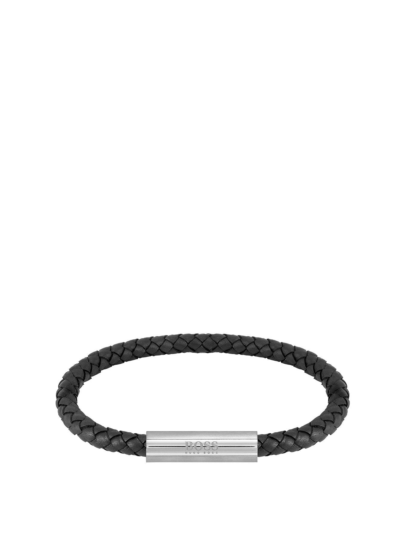 Men Braided Black Leather and Stainless Steel Gents Bracelet