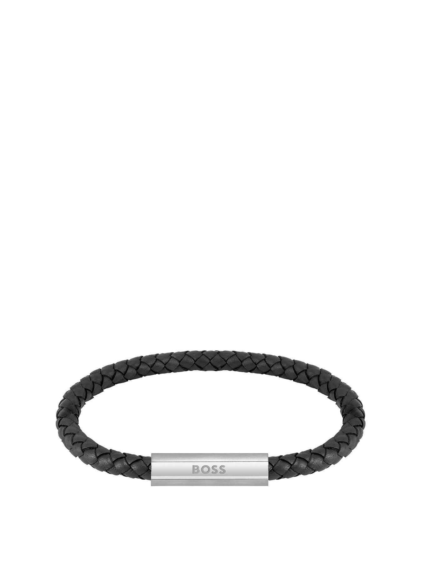 Product photograph of Boss Braided Black Leather And Stainless Steel Gents Bracelet from very.co.uk