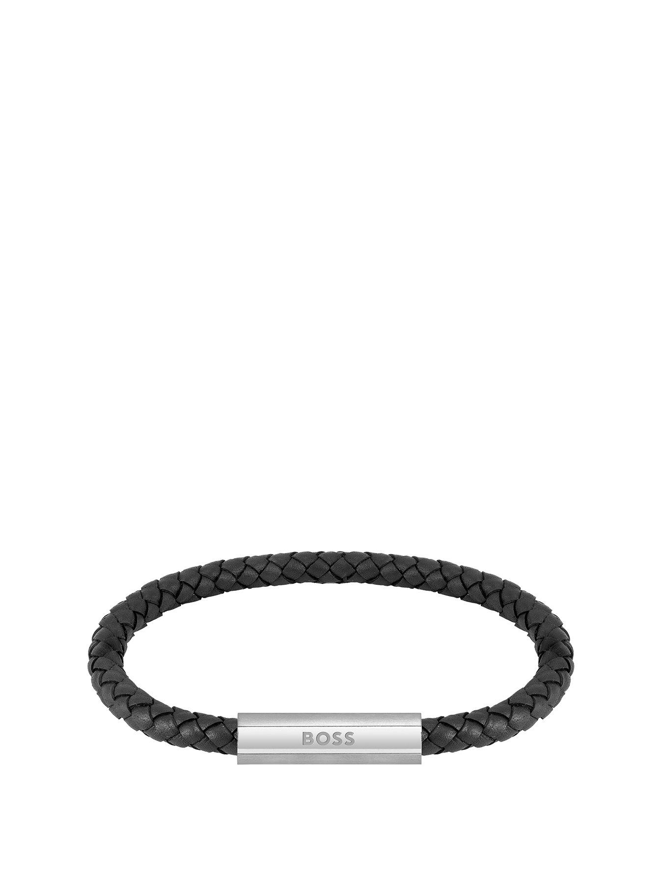Image 1 of 4 of BOSS Braided Black&nbsp;Leather and Stainless Steel Gents Bracelet