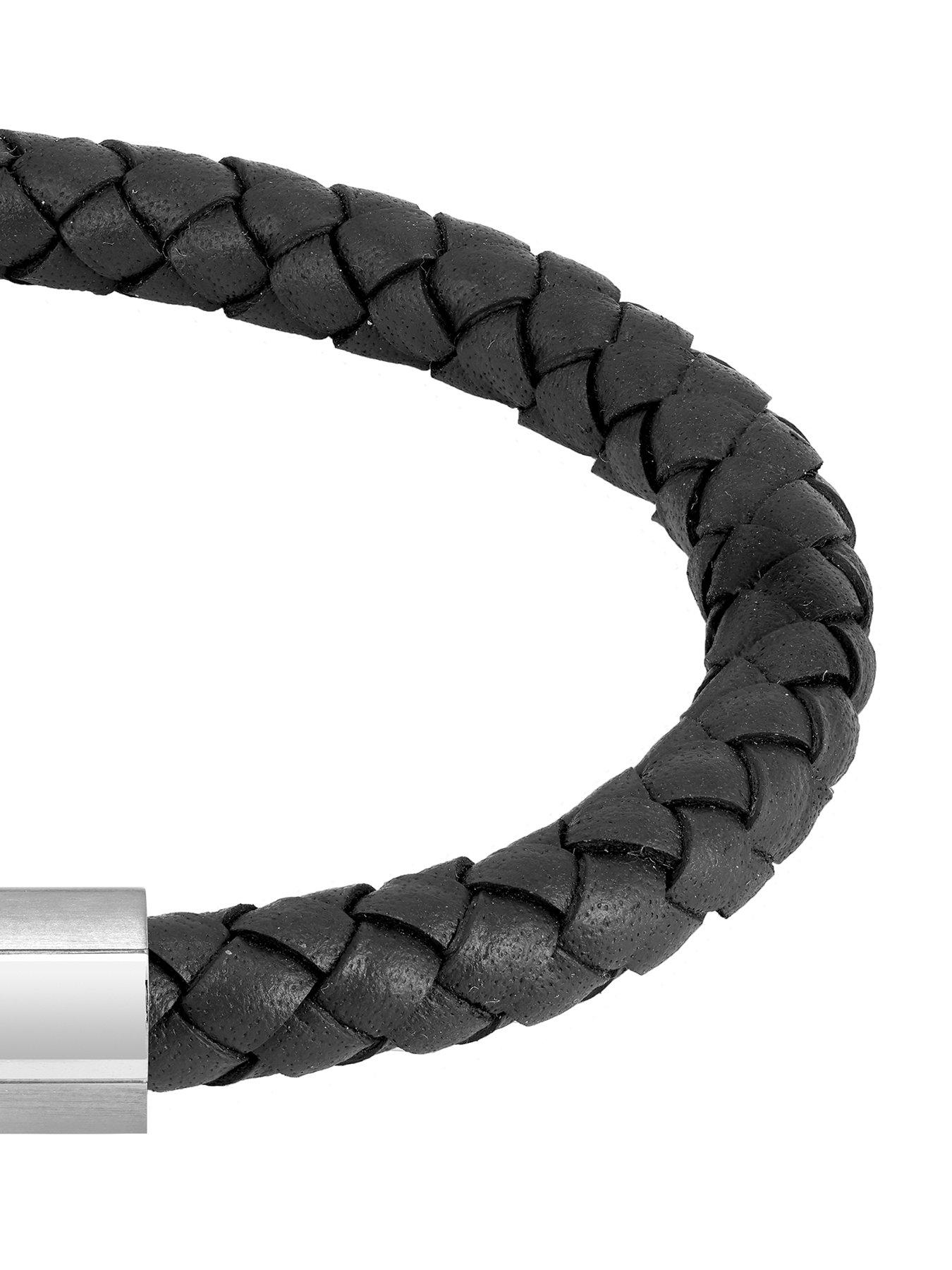 BOSS Braided Black Leather and Stainless Steel Gents Bracelet